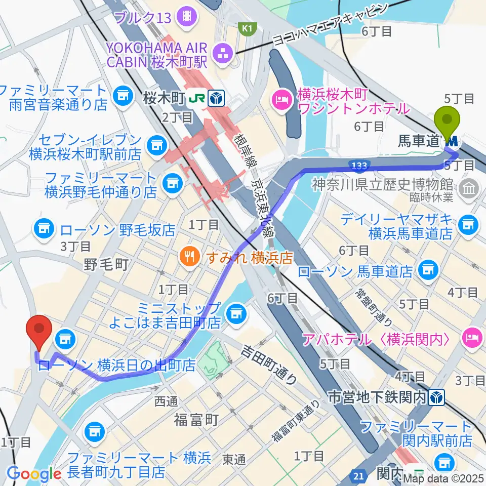馬車道駅からTHE CLUB SENSATIONへのルートマップ地図
