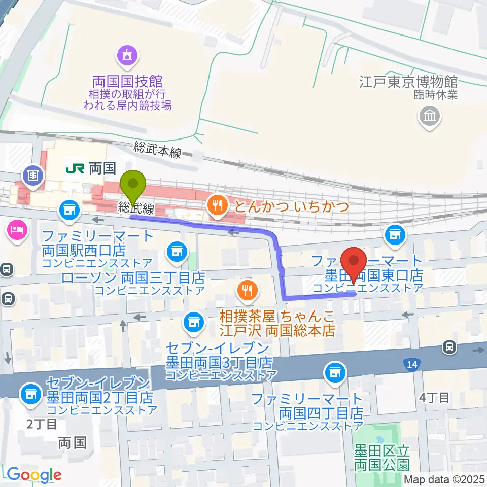両国SUNRIZEの最寄駅両国駅からの徒歩ルート（約4分）地図