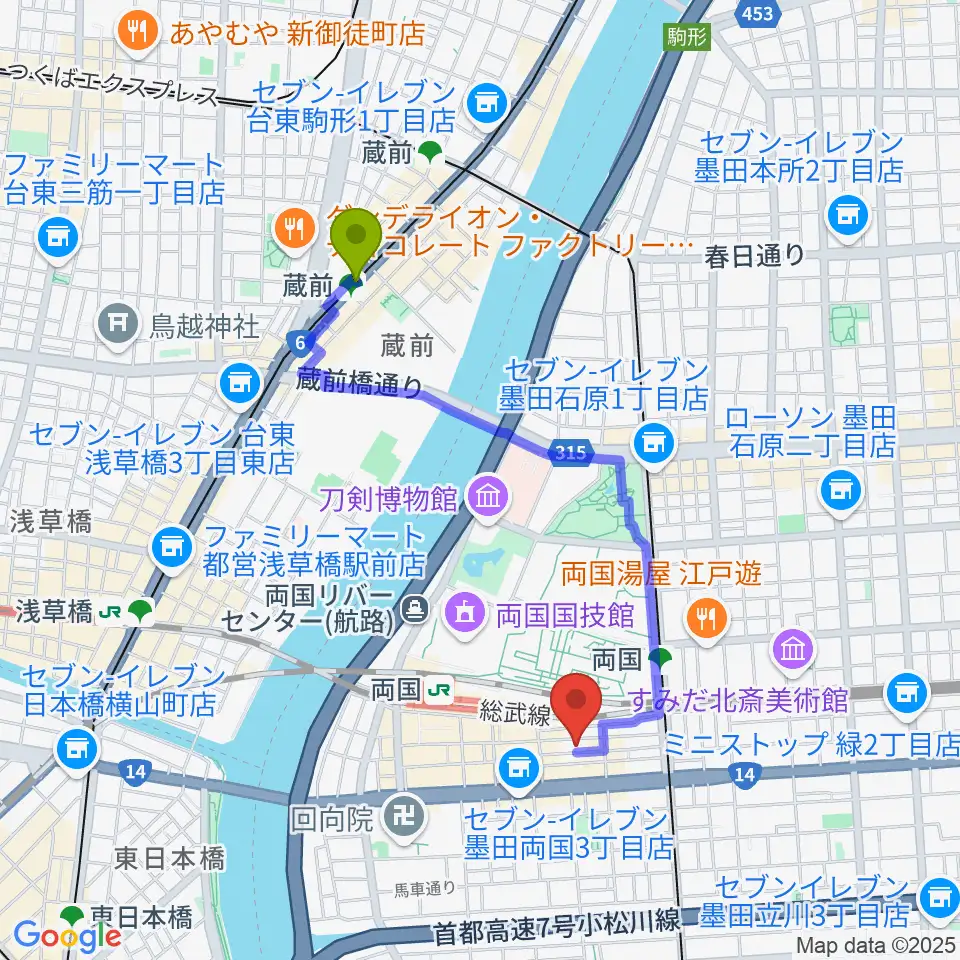 蔵前駅から両国SUNRIZEへのルートマップ地図