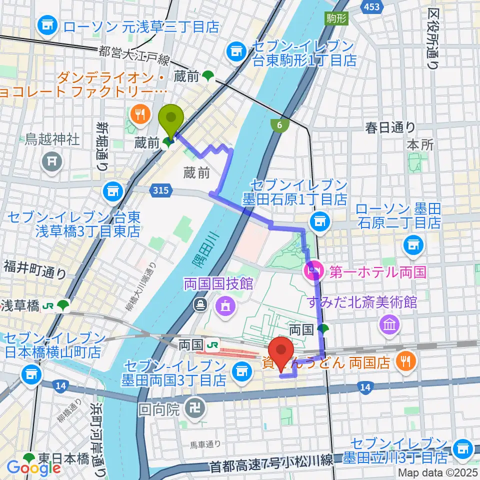 蔵前駅から両国SUNRIZEへのルートマップ地図