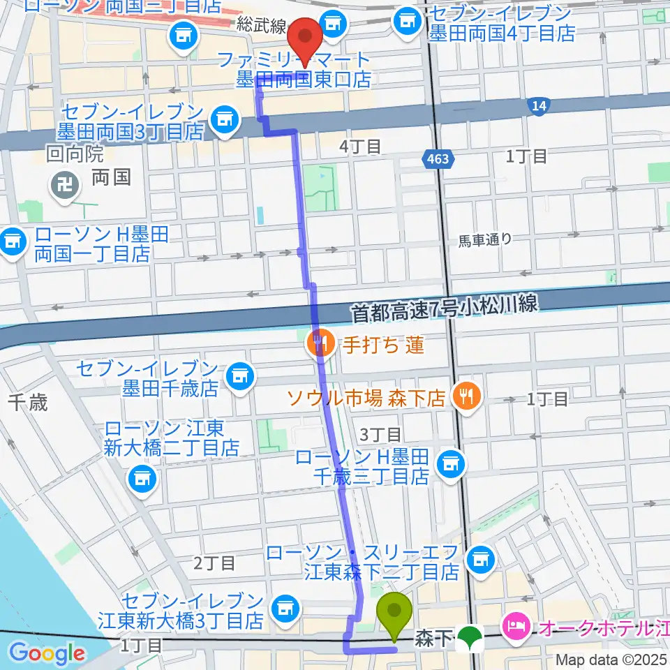 森下駅から両国SUNRIZEへのルートマップ地図