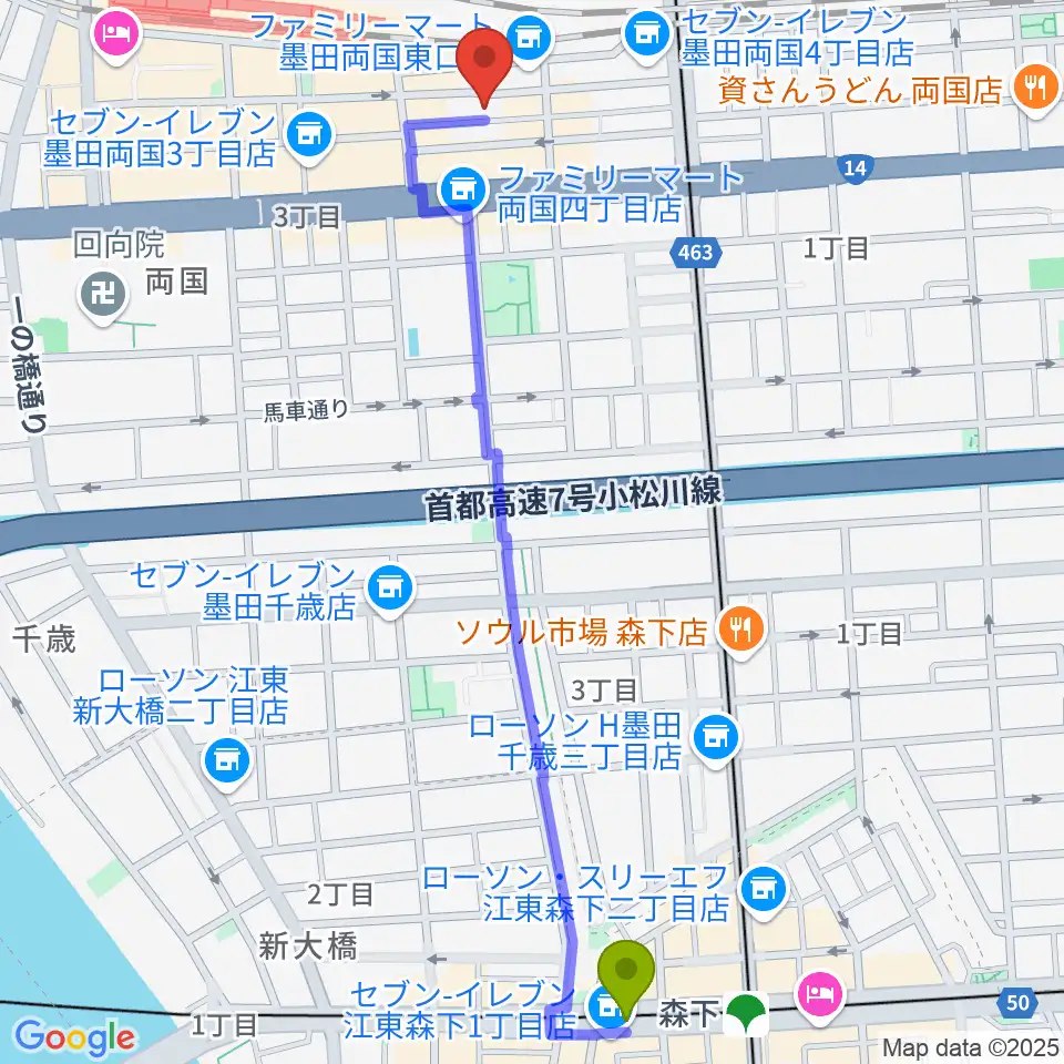 森下駅から両国SUNRIZEへのルートマップ地図