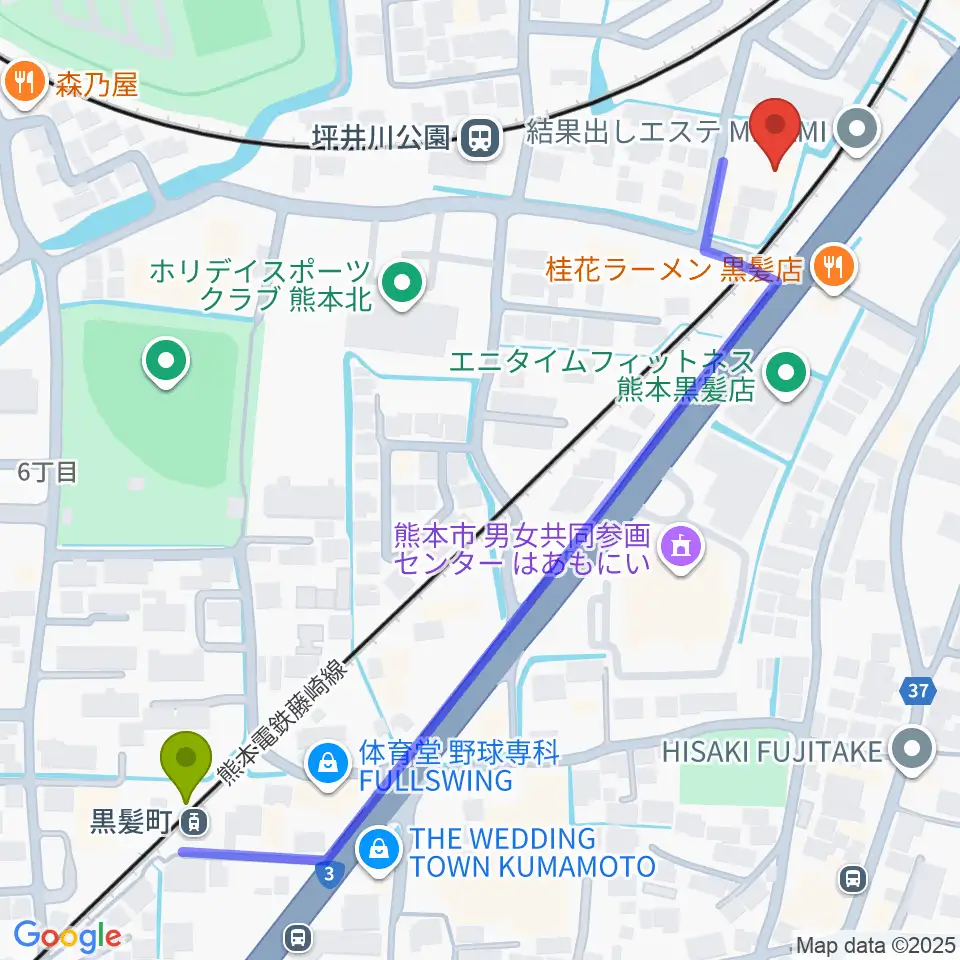 黒髪町駅からスタジオスミスへのルートマップ地図