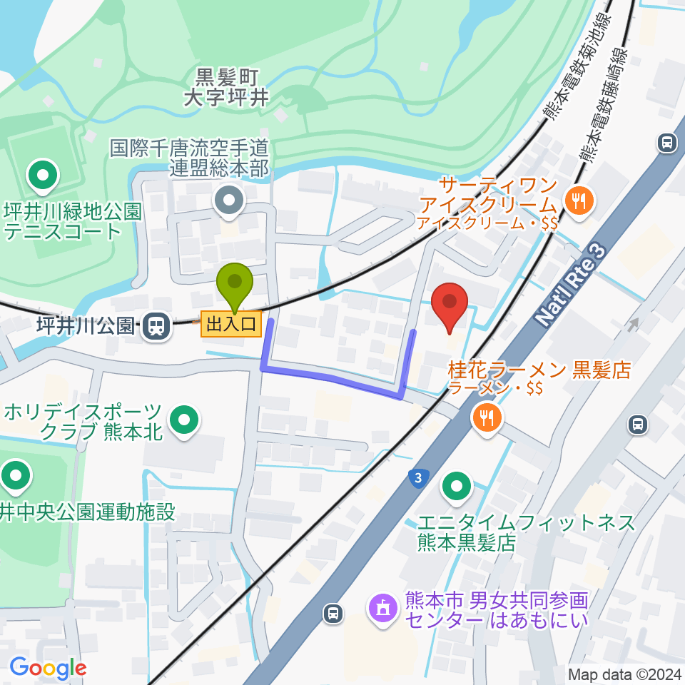 スタジオスミスの最寄駅坪井川公園駅からの徒歩ルート（約3分）地図