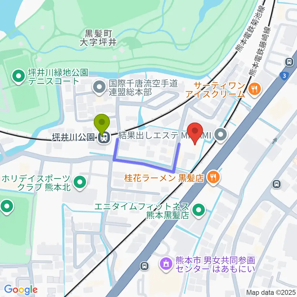 スタジオスミスの最寄駅坪井川公園駅からの徒歩ルート（約3分）地図