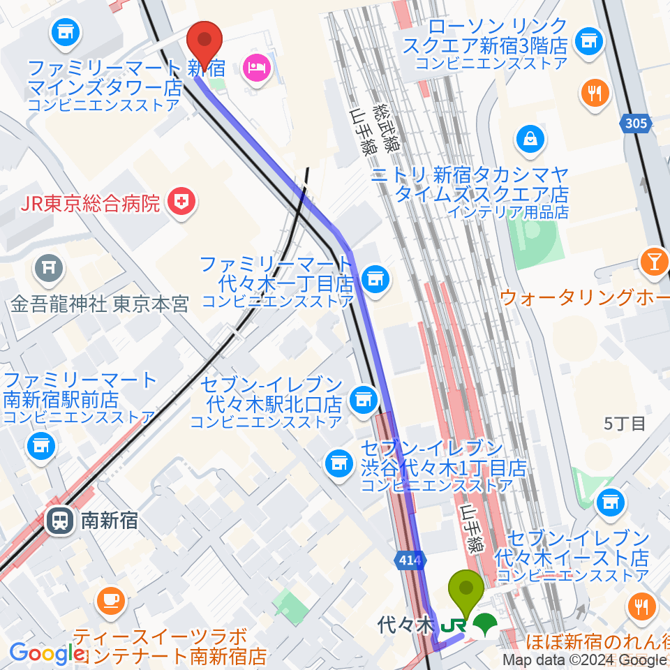 代々木駅からT.G.P.ドラムスクール新宿校へのルートマップ地図