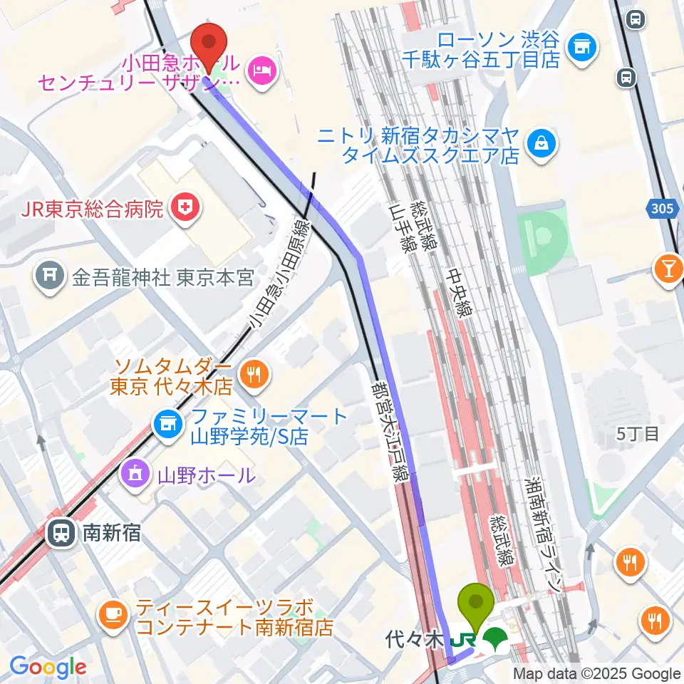 代々木駅からT.G.P.ドラムスクール新宿校へのルートマップ地図