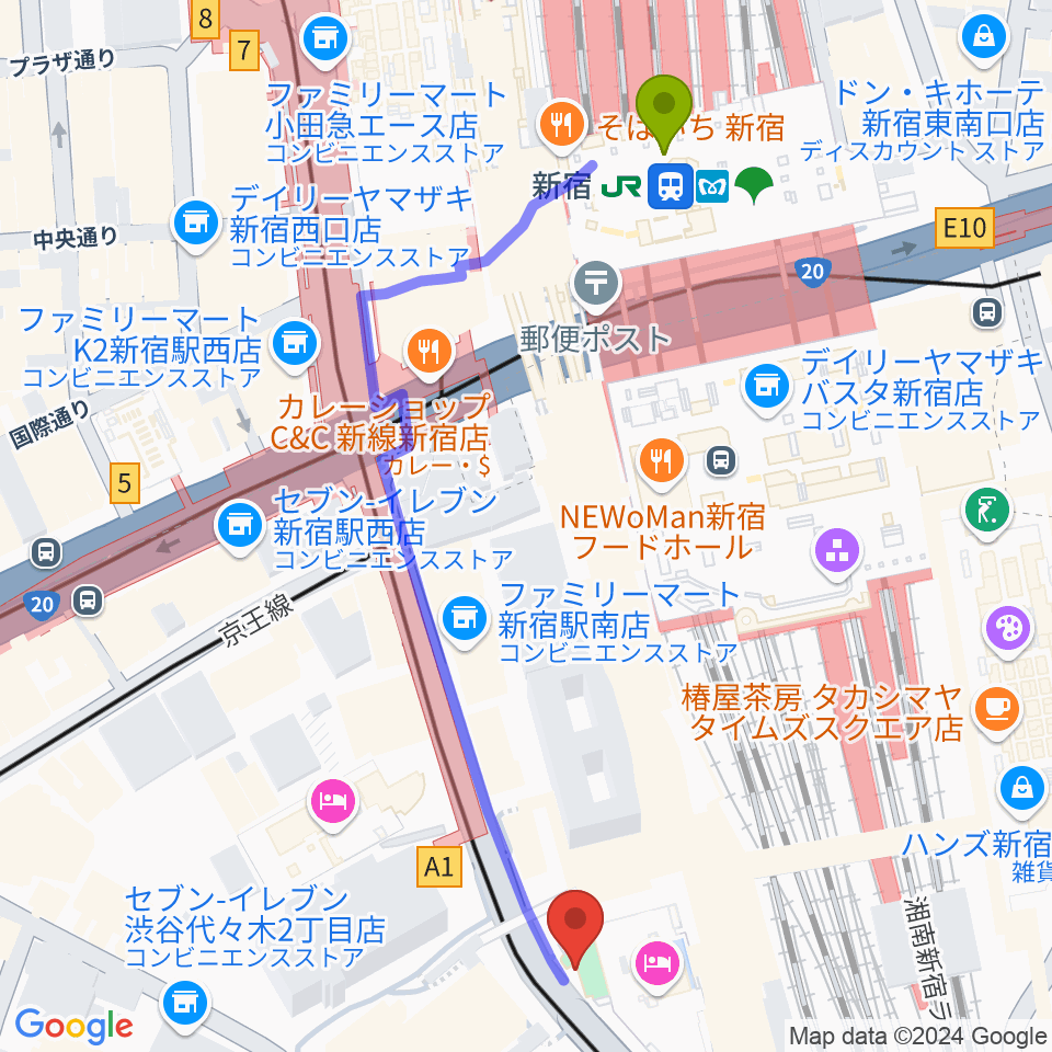 新宿駅からT.G.P.ドラムスクール新宿校へのルートマップ地図