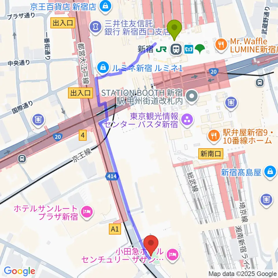 新宿駅からT.G.P.ドラムスクール新宿校へのルートマップ地図