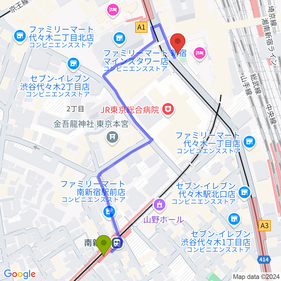 T.G.P.ドラムスクール新宿校の最寄駅南新宿駅からの徒歩ルート（約6分）地図