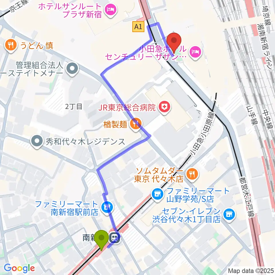 T.G.P.ドラムスクール新宿校の最寄駅南新宿駅からの徒歩ルート（約6分）地図