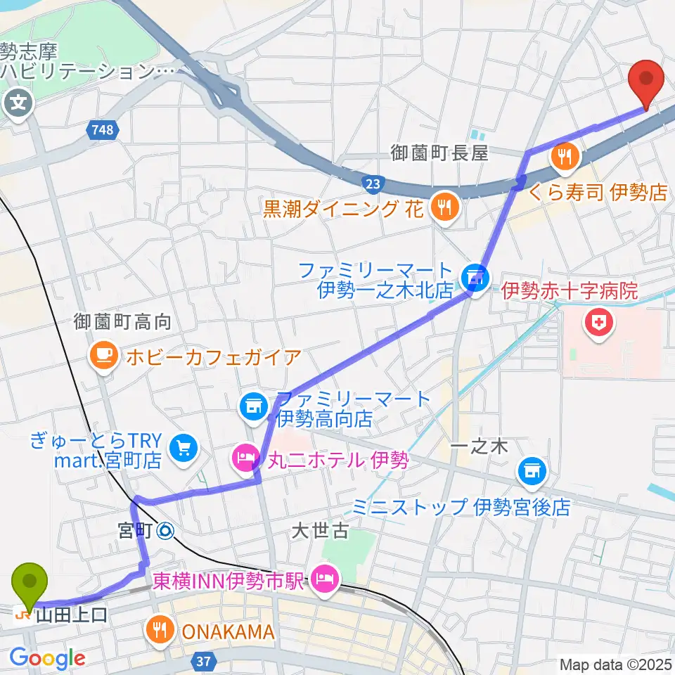 山田上口駅から村井楽器伊勢店へのルートマップ地図