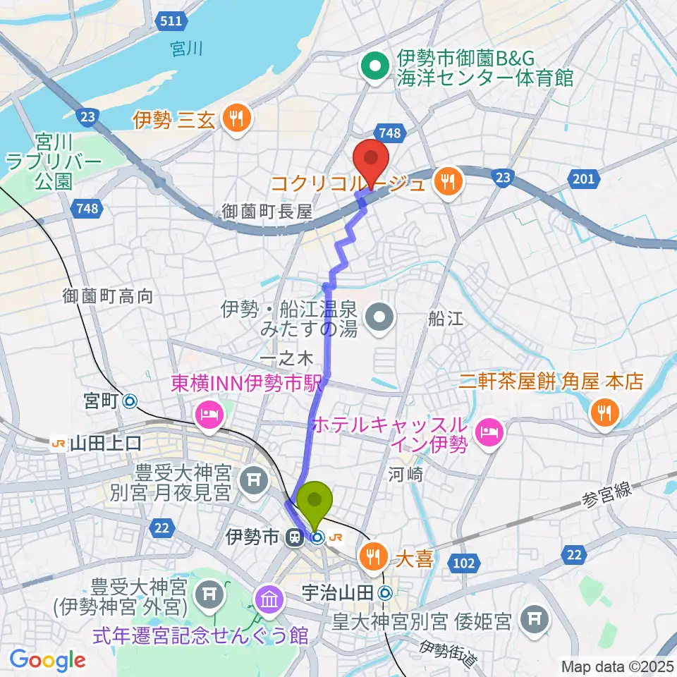 伊勢市駅から村井楽器伊勢店へのルートマップ地図