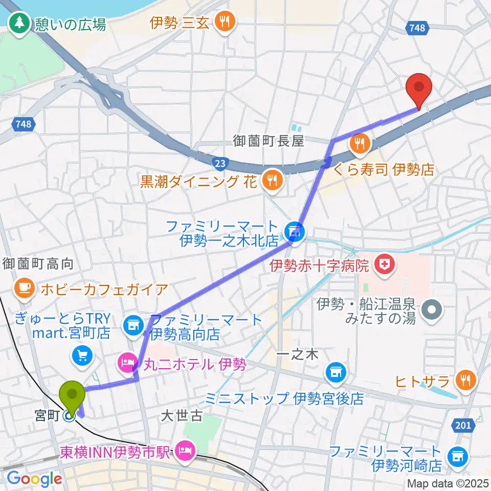 村井楽器伊勢店の最寄駅宮町駅からの徒歩ルート（約30分）地図