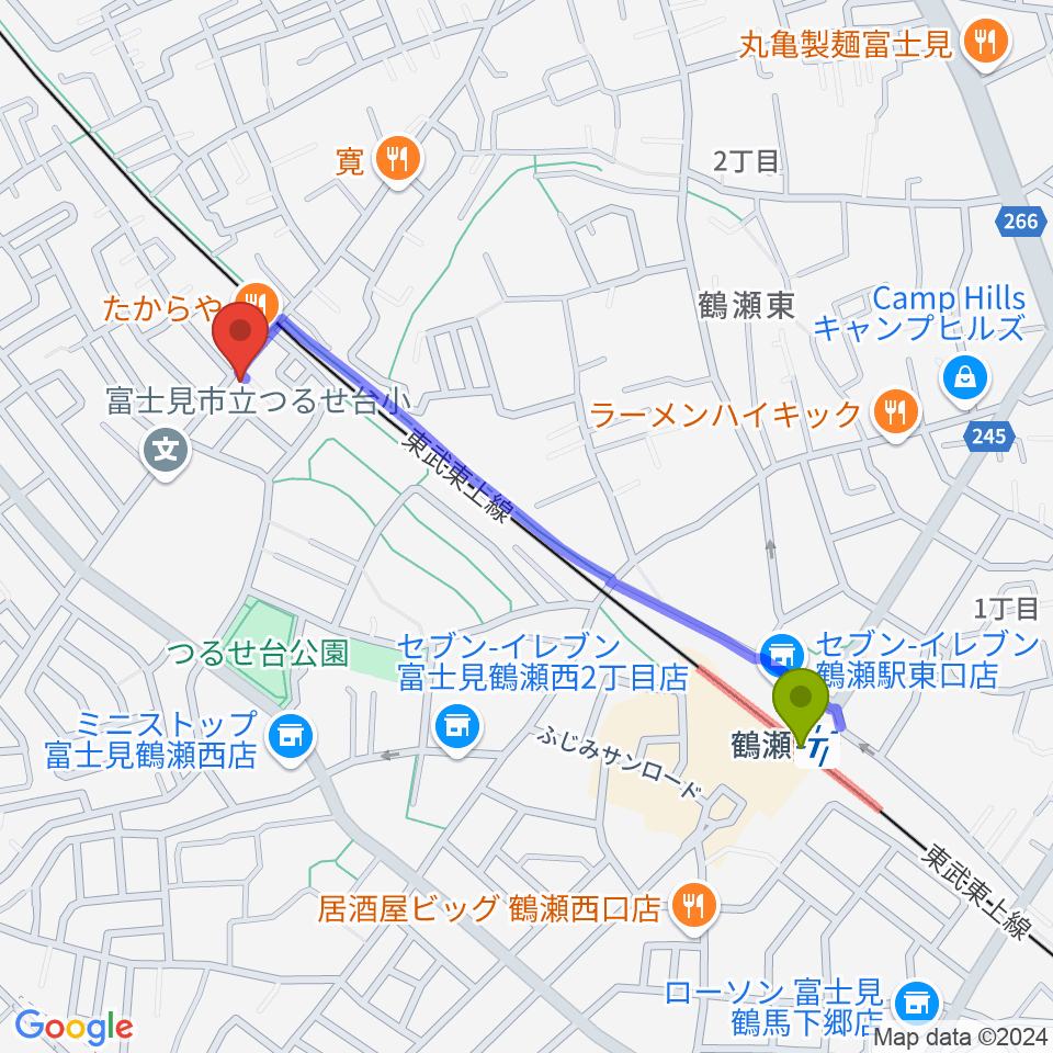 埼玉音楽院の最寄駅鶴瀬駅からの徒歩ルート（約10分）地図