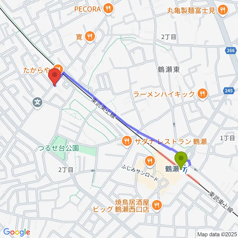 埼玉音楽院の最寄駅鶴瀬駅からの徒歩ルート（約10分）地図