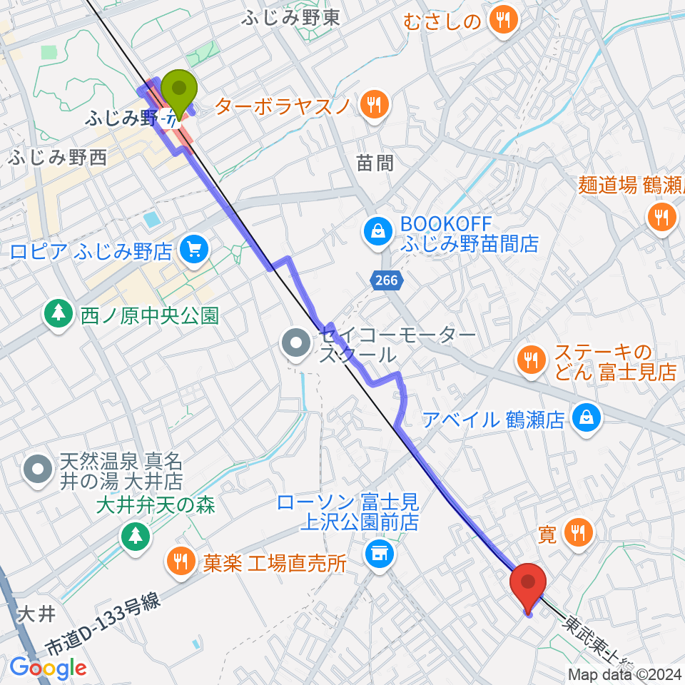 ふじみ野駅から埼玉音楽院へのルートマップ地図