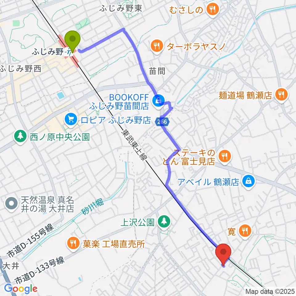 ふじみ野駅から埼玉音楽院へのルートマップ地図