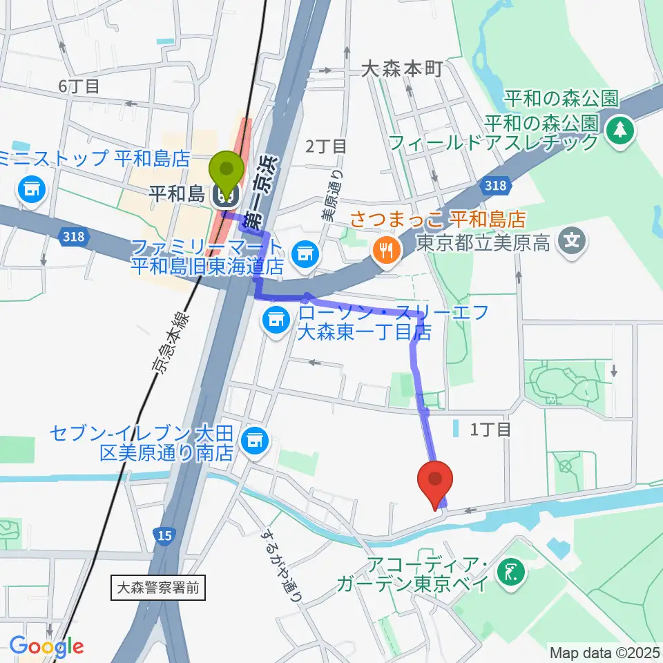 サウンドパークの最寄駅平和島駅からの徒歩ルート（約9分）地図