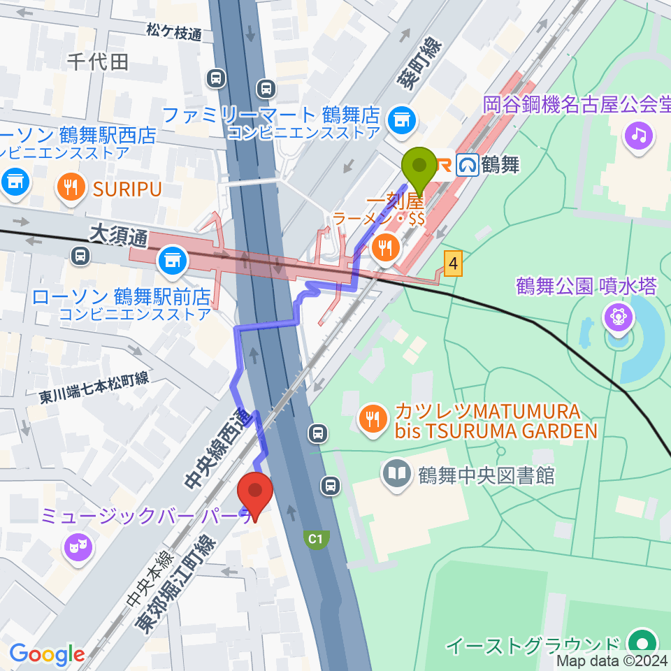 カノンミュージックスクールの最寄駅鶴舞駅からの徒歩ルート（約4分）地図