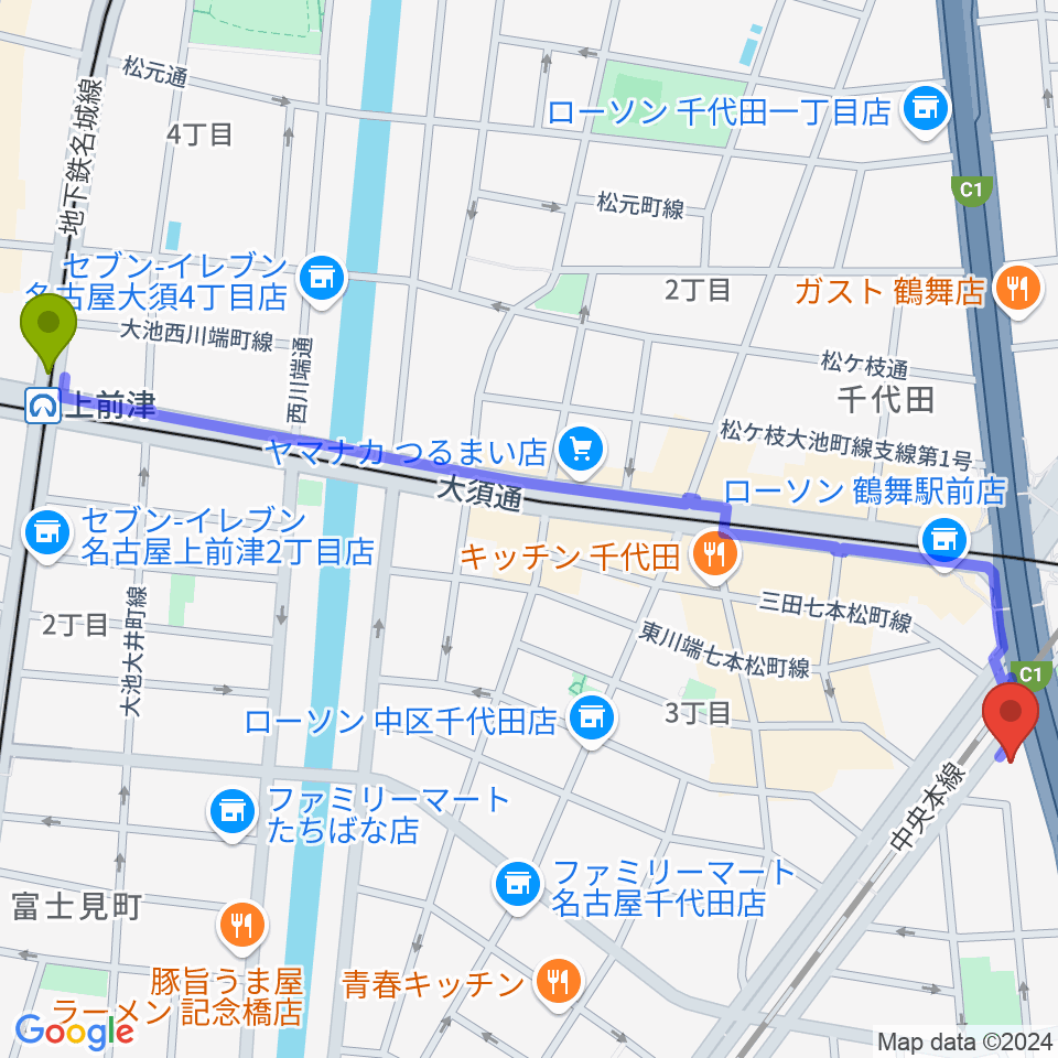 上前津駅からカノンミュージックスクールへのルートマップ地図