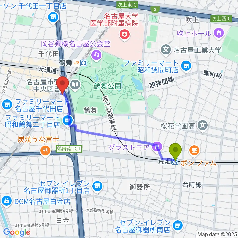 荒畑駅からカノンミュージックスクールへのルートマップ地図