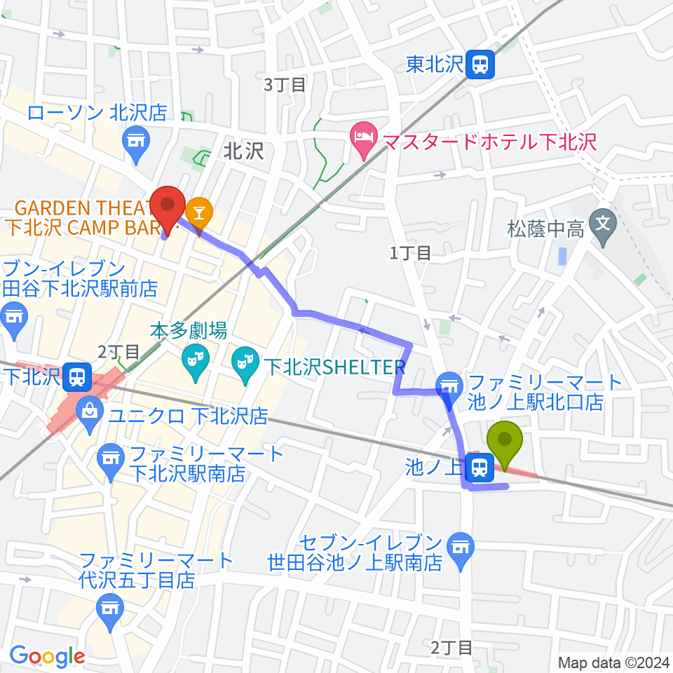 池ノ上駅からRinky Dink Studio下北沢1st ERA店へのルートマップ地図