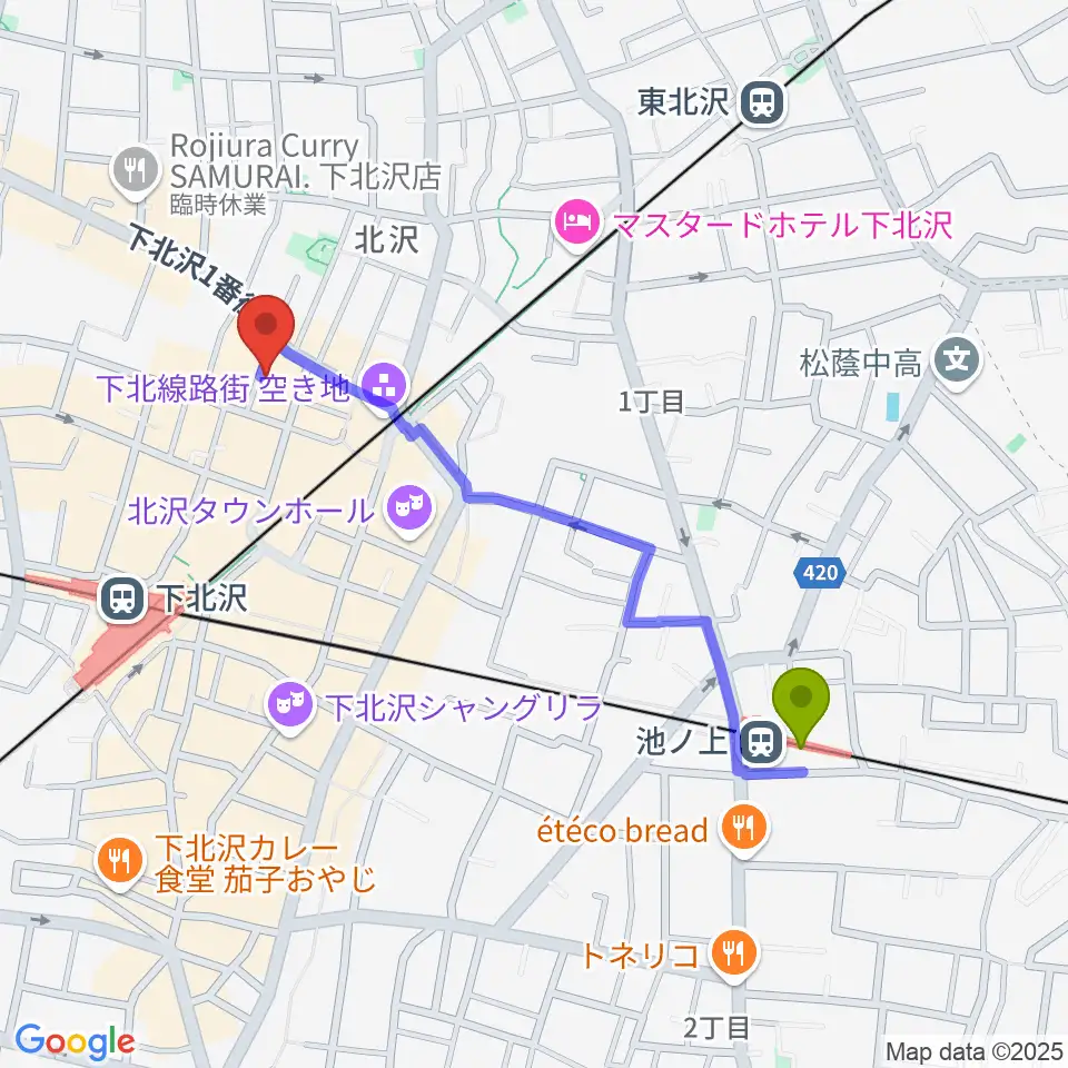 池ノ上駅からRinky Dink Studio下北沢1st ERA店へのルートマップ地図