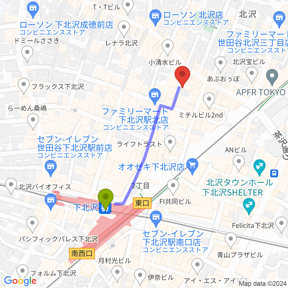 Rinky Dink Studio下北沢1st ERA店の最寄駅下北沢駅からの徒歩ルート（約4分）地図