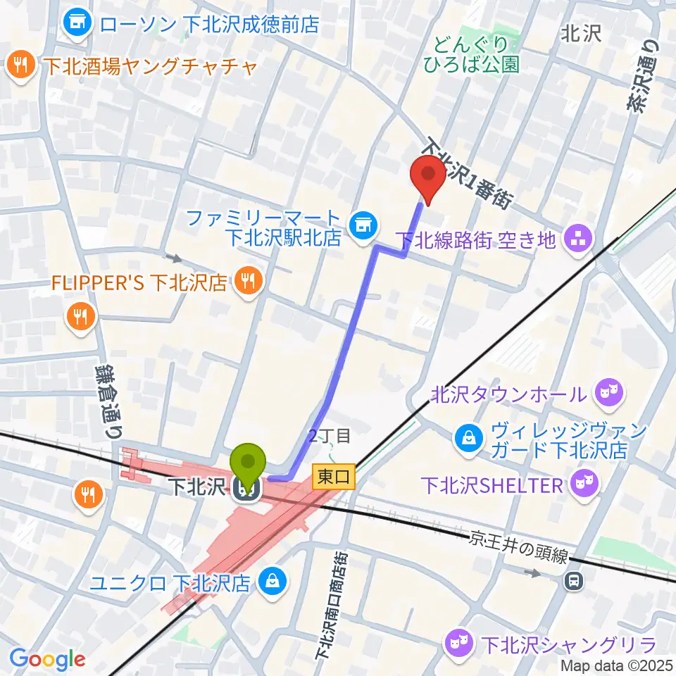 Rinky Dink Studio下北沢1st ERA店の最寄駅下北沢駅からの徒歩ルート（約4分）地図