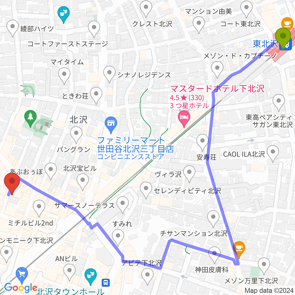 東北沢駅からRinky Dink Studio下北沢1st ERA店へのルートマップ地図