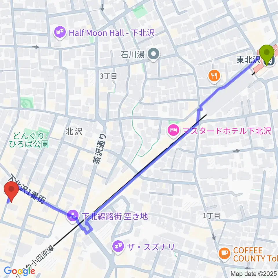 東北沢駅からRinky Dink Studio下北沢1st ERA店へのルートマップ地図