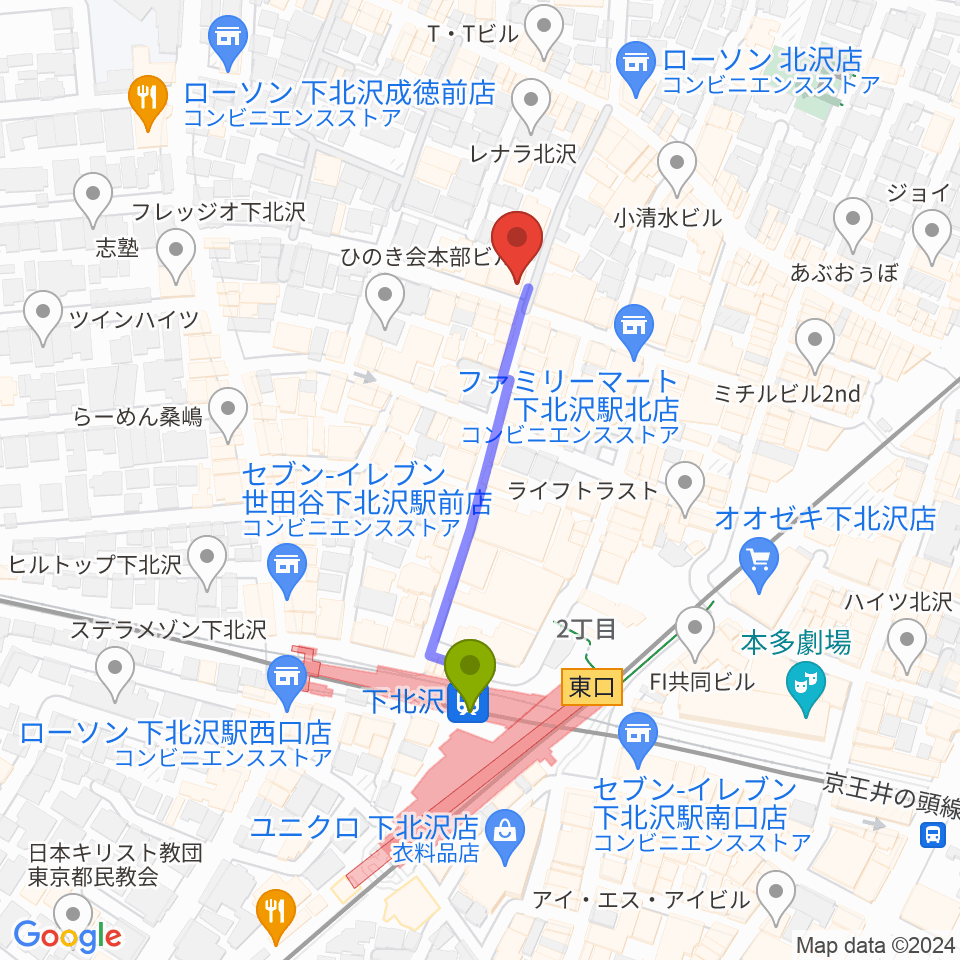 Rinky Dink Studio下北沢2ndの最寄駅下北沢駅からの徒歩ルート（約3分）地図