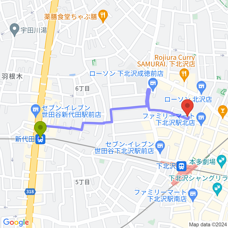 新代田駅からRinky Dink Studio下北沢2ndへのルートマップ地図