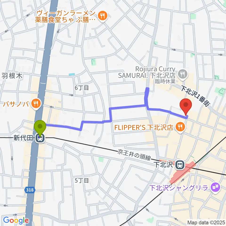 新代田駅からRinky Dink Studio下北沢2ndへのルートマップ地図