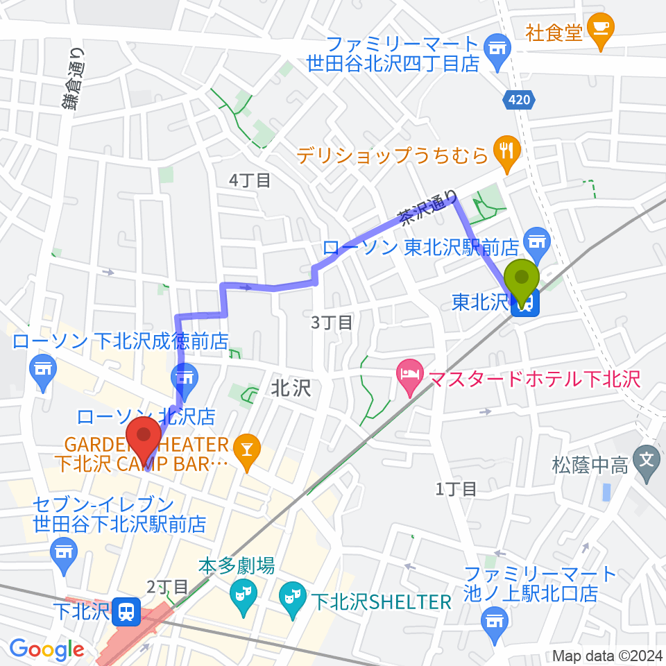 東北沢駅からRinky Dink Studio下北沢2ndへのルートマップ地図