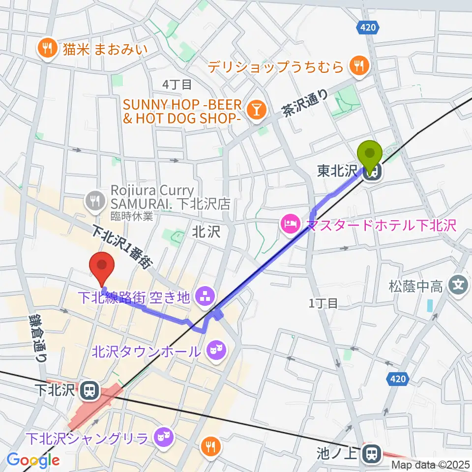 東北沢駅からRinky Dink Studio下北沢2ndへのルートマップ地図