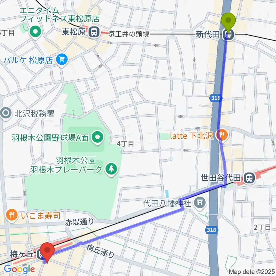 新代田駅からRinky Dink Studio梅ヶ丘へのルートマップ地図