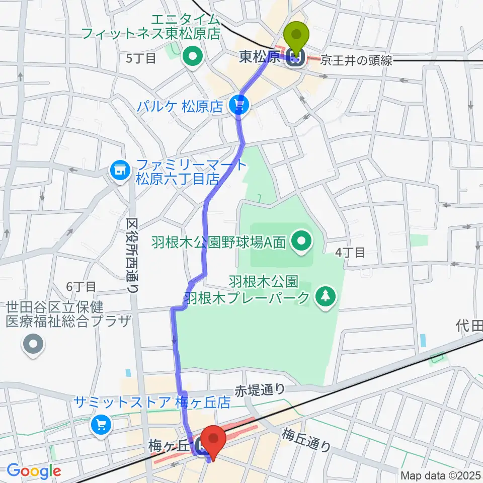 東松原駅からRinky Dink Studio梅ヶ丘へのルートマップ地図