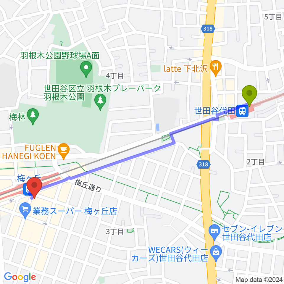 世田谷代田駅からRinky Dink Studio梅ヶ丘へのルートマップ地図