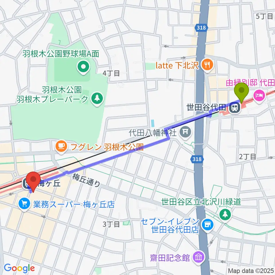 世田谷代田駅からRinky Dink Studio梅ヶ丘へのルートマップ地図