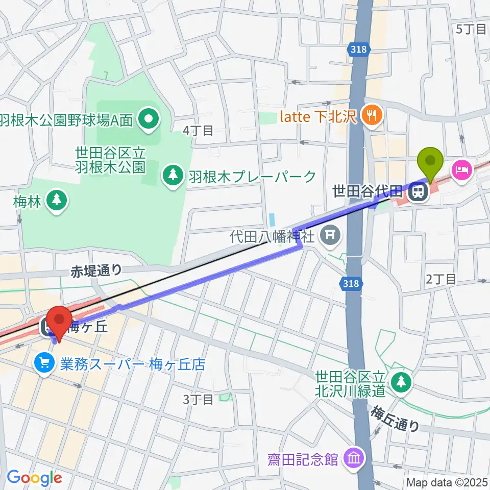 世田谷代田駅からRinky Dink Studio梅ヶ丘へのルートマップ地図