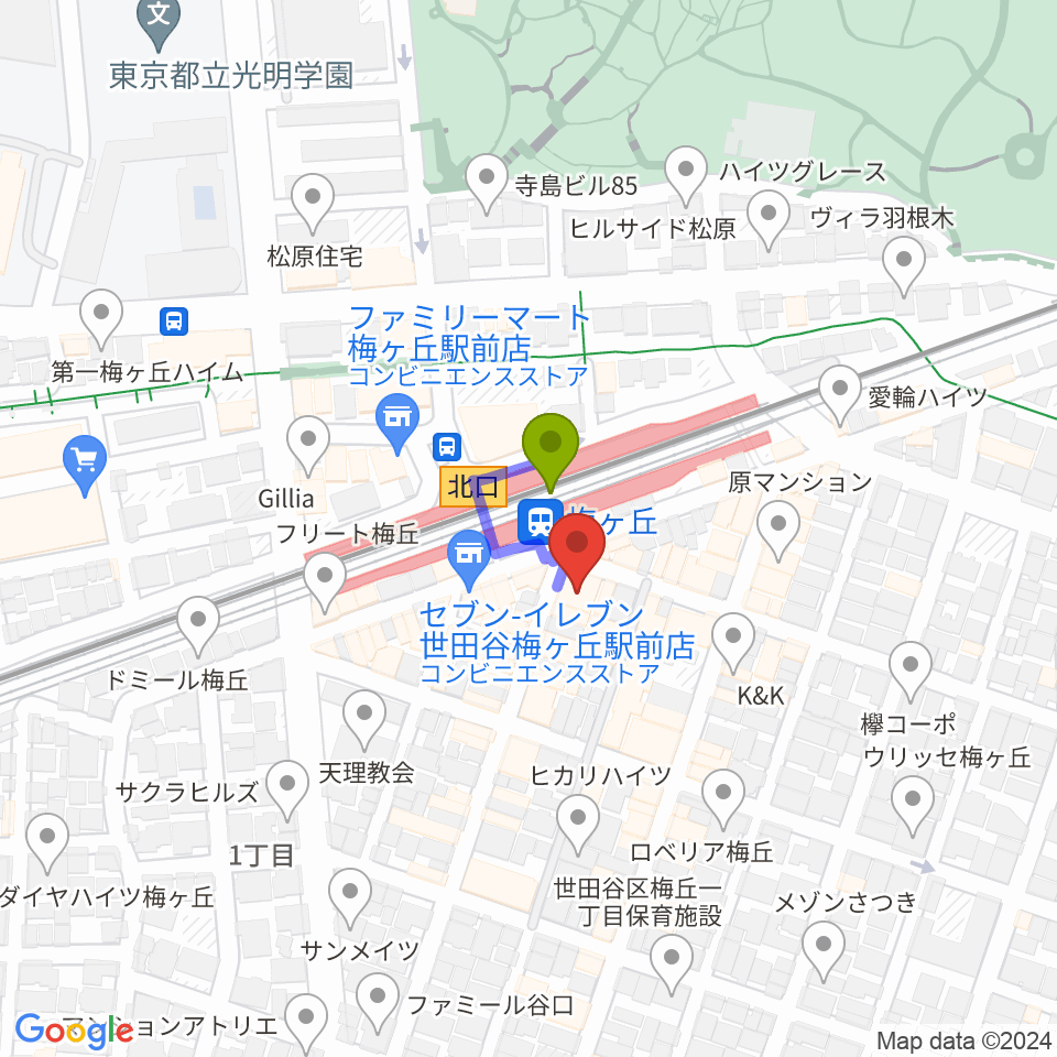 Rinky Dink Studio梅ヶ丘の最寄駅梅ヶ丘駅からの徒歩ルート（約1分）地図