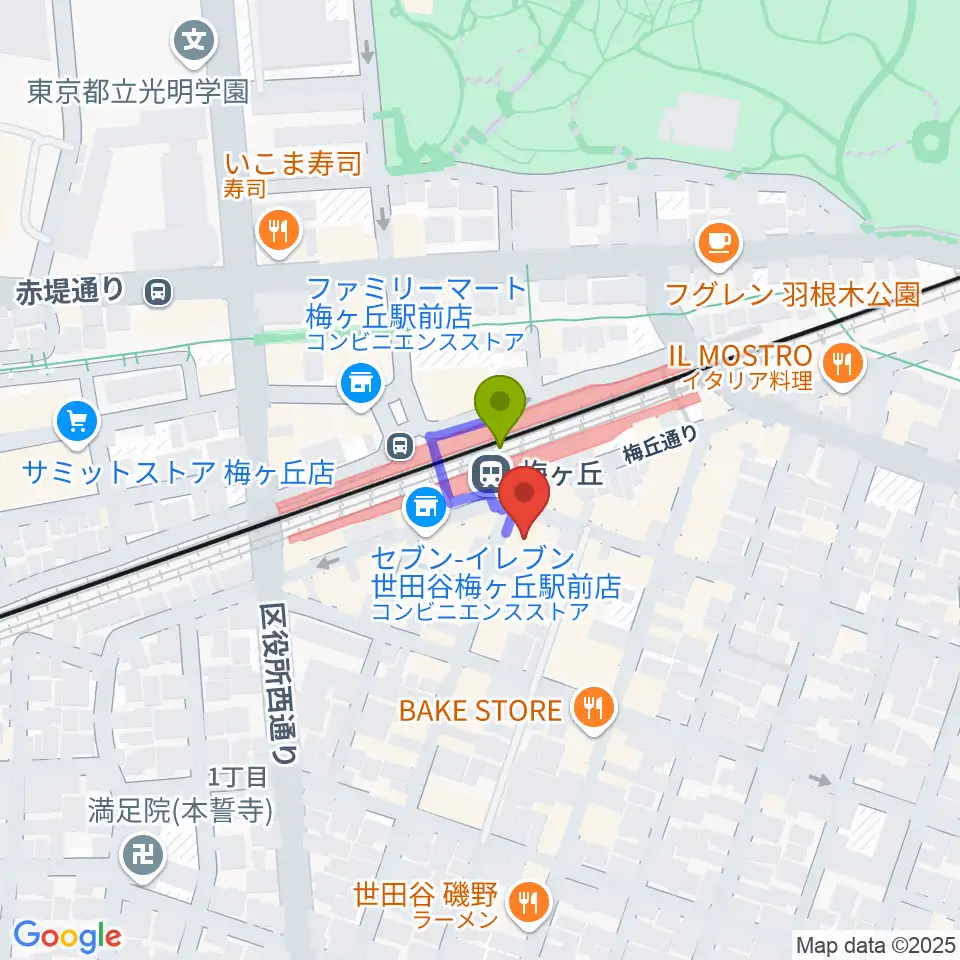 Rinky Dink Studio梅ヶ丘の最寄駅梅ヶ丘駅からの徒歩ルート（約1分）地図