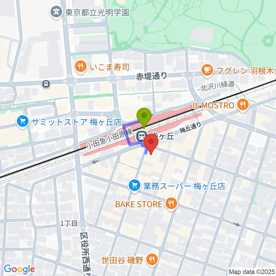 Rinky Dink Studio梅ヶ丘の最寄駅梅ヶ丘駅からの徒歩ルート（約1分）地図