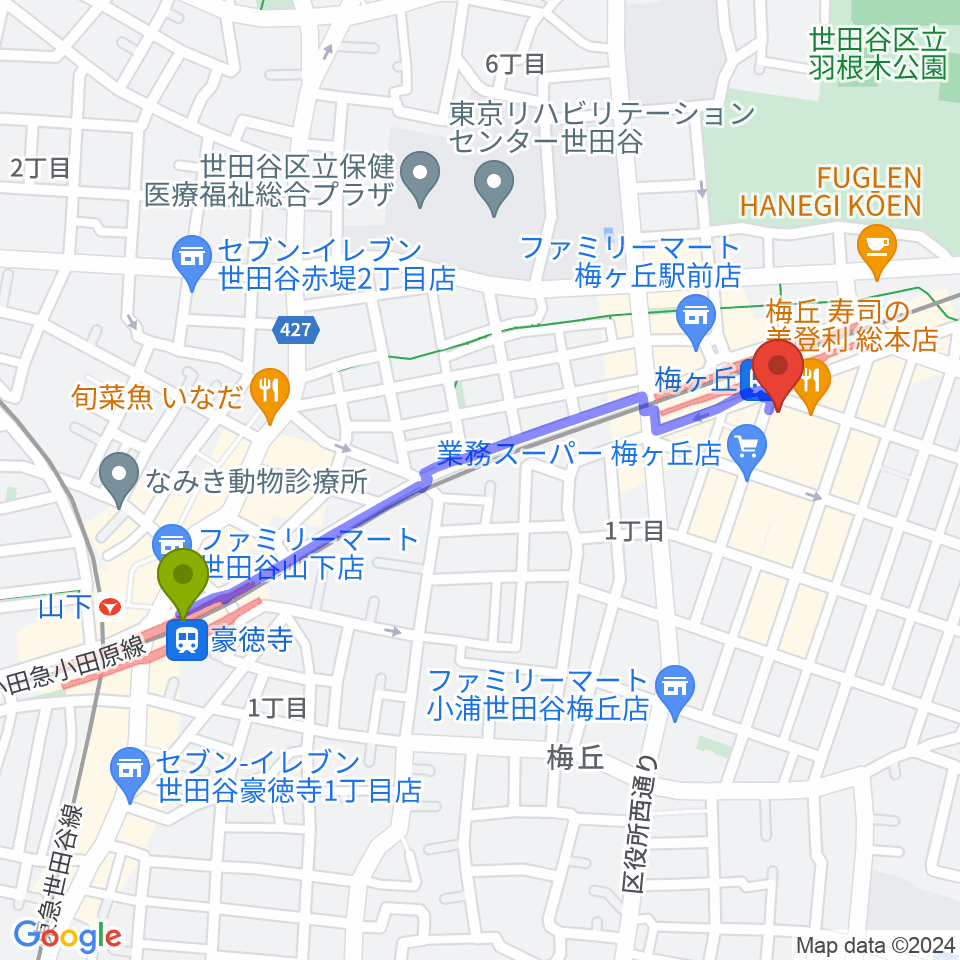 豪徳寺駅からRinky Dink Studio梅ヶ丘へのルートマップ地図