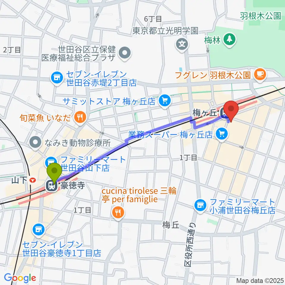 豪徳寺駅からRinky Dink Studio梅ヶ丘へのルートマップ地図