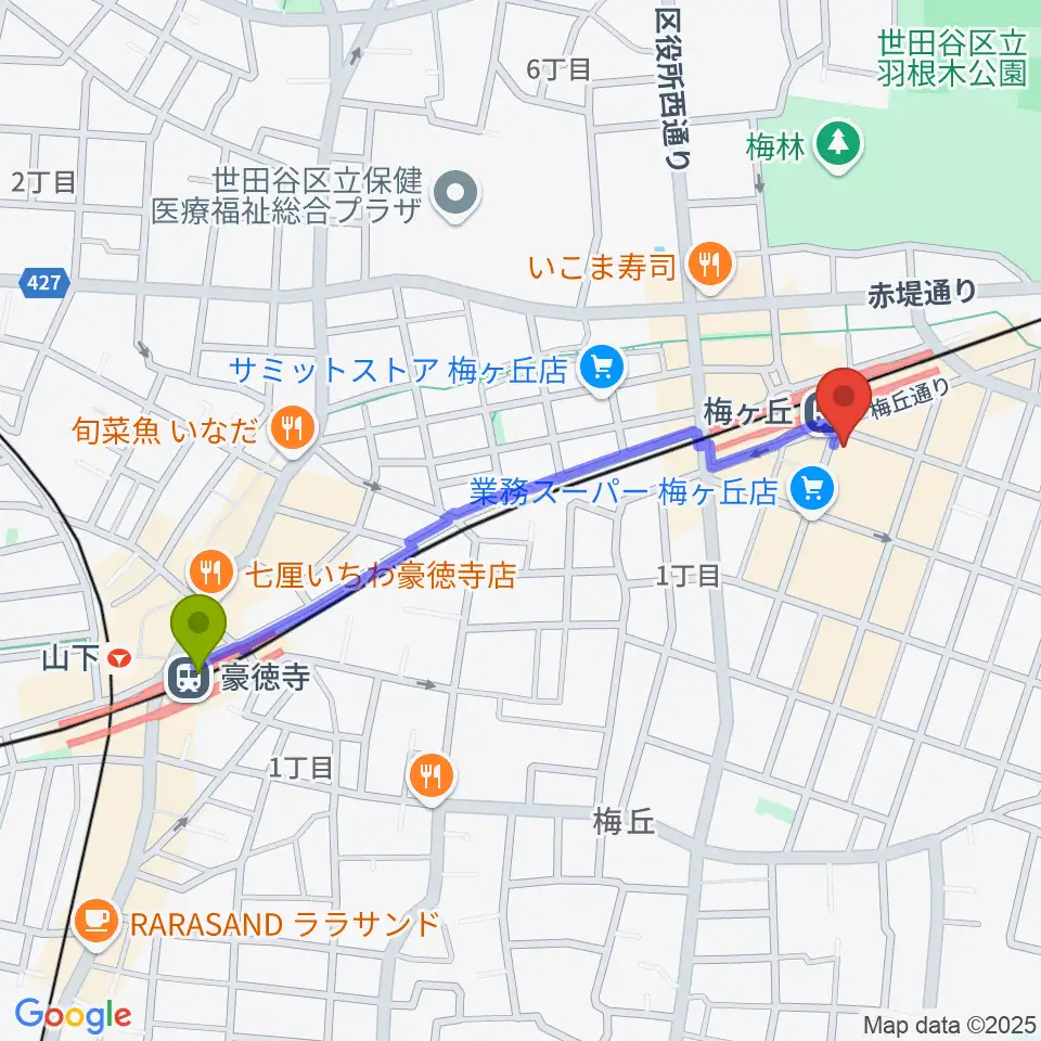 豪徳寺駅からRinky Dink Studio梅ヶ丘へのルートマップ地図