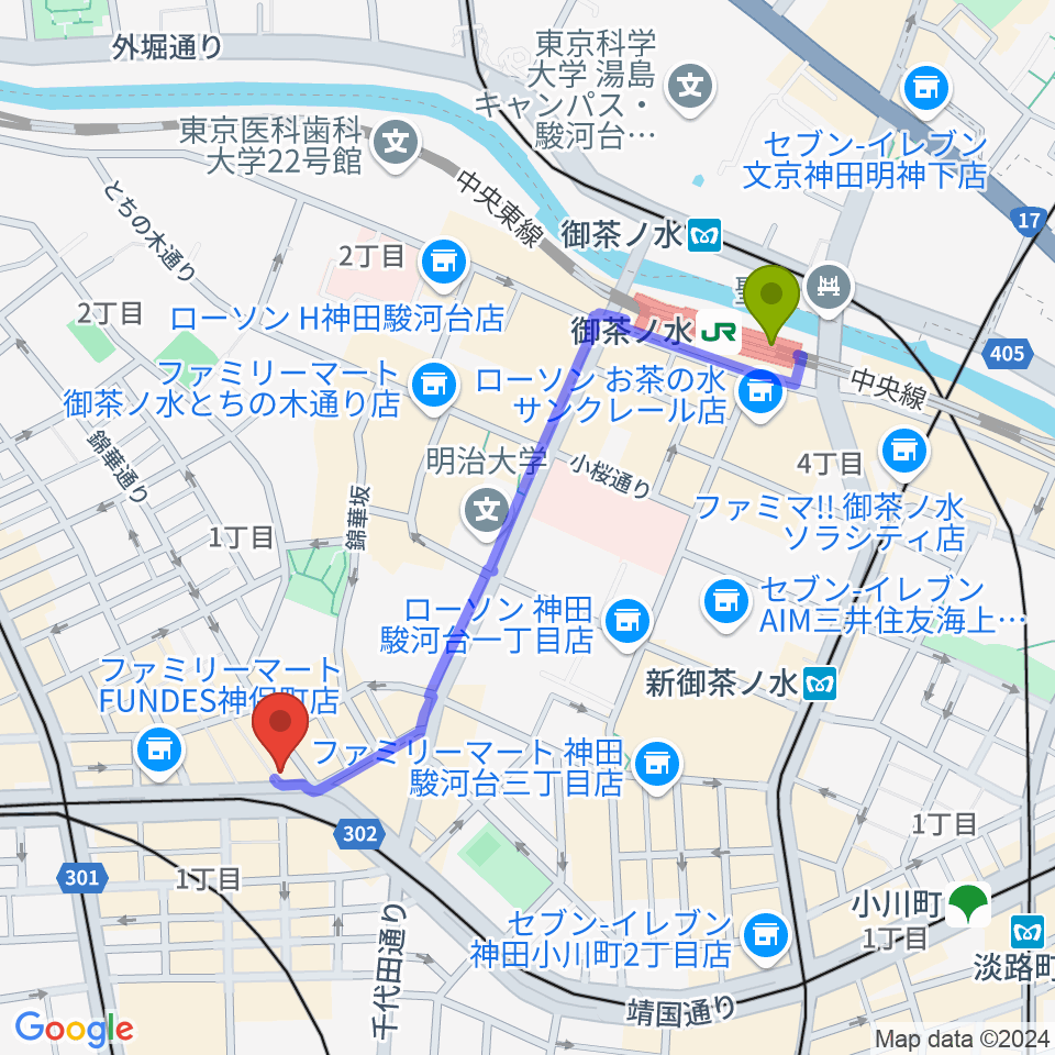 御茶ノ水駅からRinky Dink Studio お茶の水 神保町店へのルートマップ地図