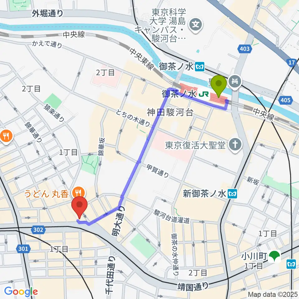 御茶ノ水駅からRinky Dink Studio お茶の水 神保町店へのルートマップ地図